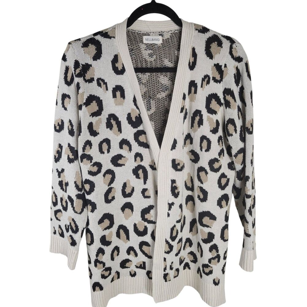 Nellbang Womens Sz L Ivory Tan Animal Print Long Sleeve Knitted Cardigan